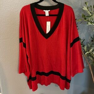 Joan Vass Red V-Neck Sweater with Black Trim - 5% Cashmere